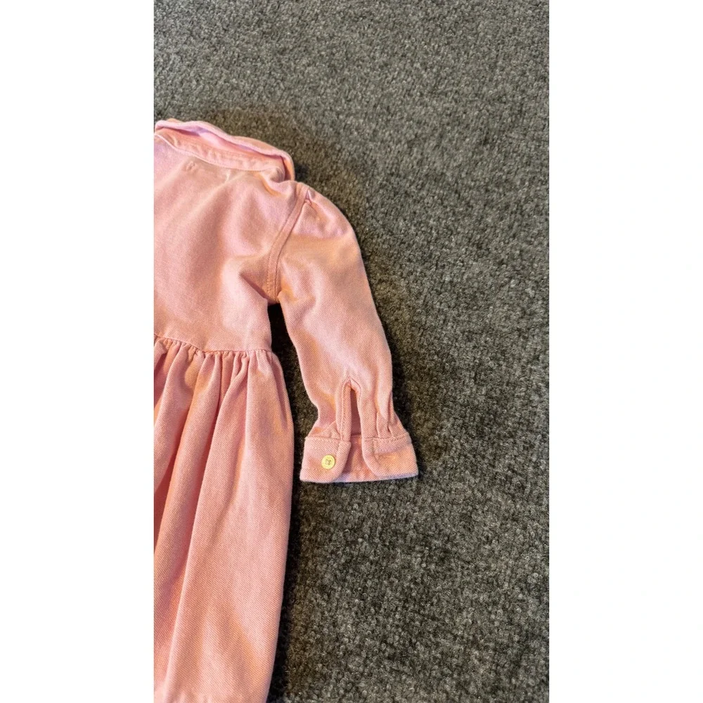 Ralph Lauren Baby Girls Pink Cotton Pique Polo Button Front Dress 9M Long Sleeve